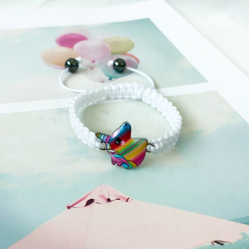 White Silk Adjustable Cord Bracelet w/Enamel Rainbow Unicorn‎ Charm~~NWOT